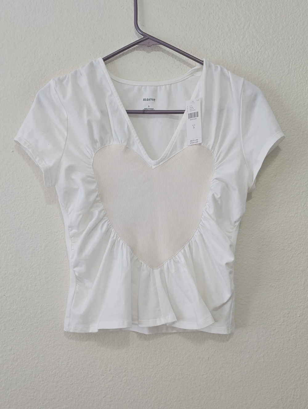 Maeve White Short-Sleeve V-Neck Top with Heart Front S
